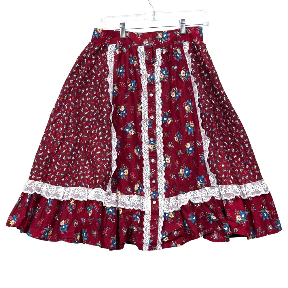 Vintage 70s Stage West Prairie Skirt Womens 13 Floral Lace Pearl Snap Western